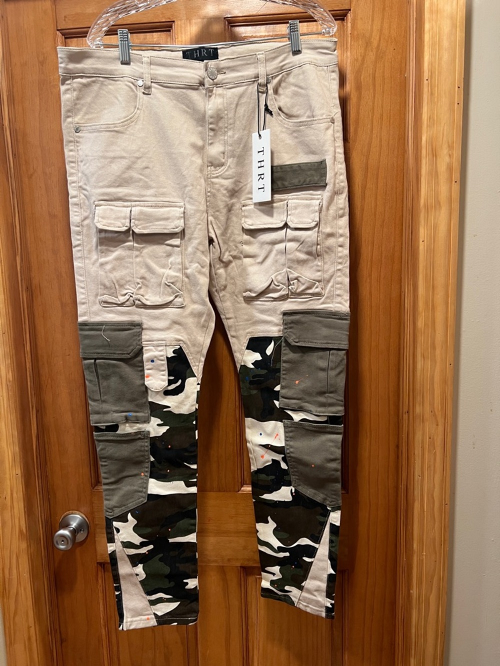 Men's Beige Cargo Pants with Olive & Camo Panels